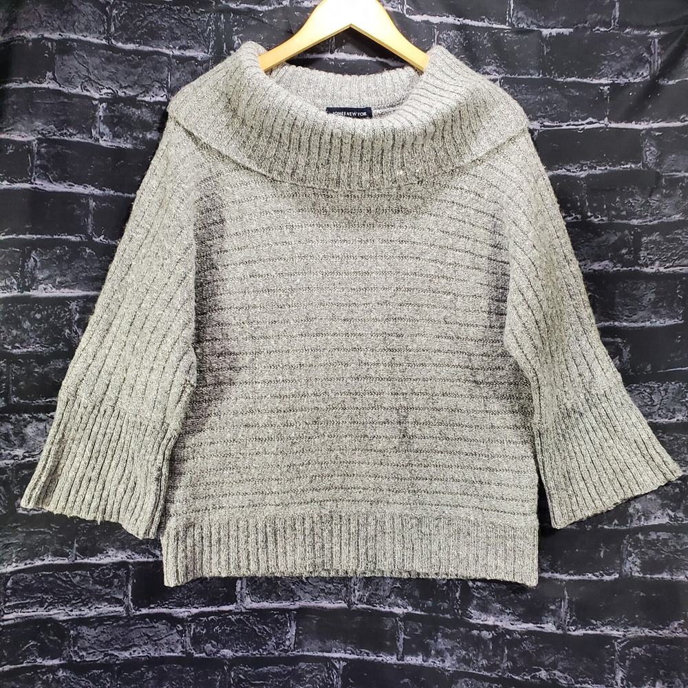 Jones New York Womens Gray Ribbed Cowl Neck Wool Blend Sweater‎ XL Cozy Cottage